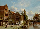 Dutch Canvas Paintings - Figures in the Quay of a Dutch Town